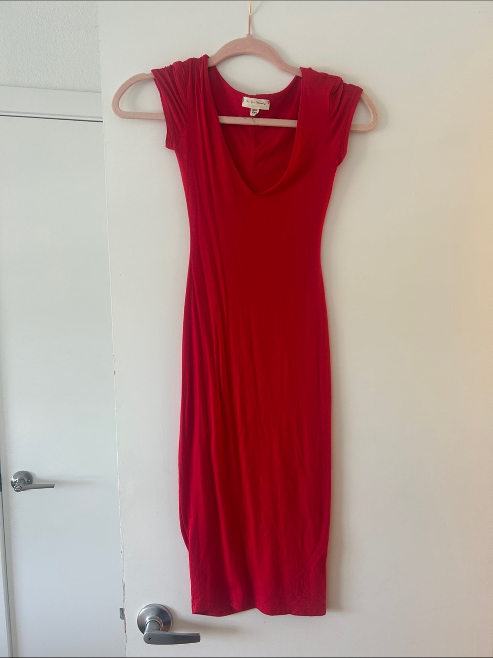 See You Monday Red Cap Sleeve Midi Dress with Draped Neck